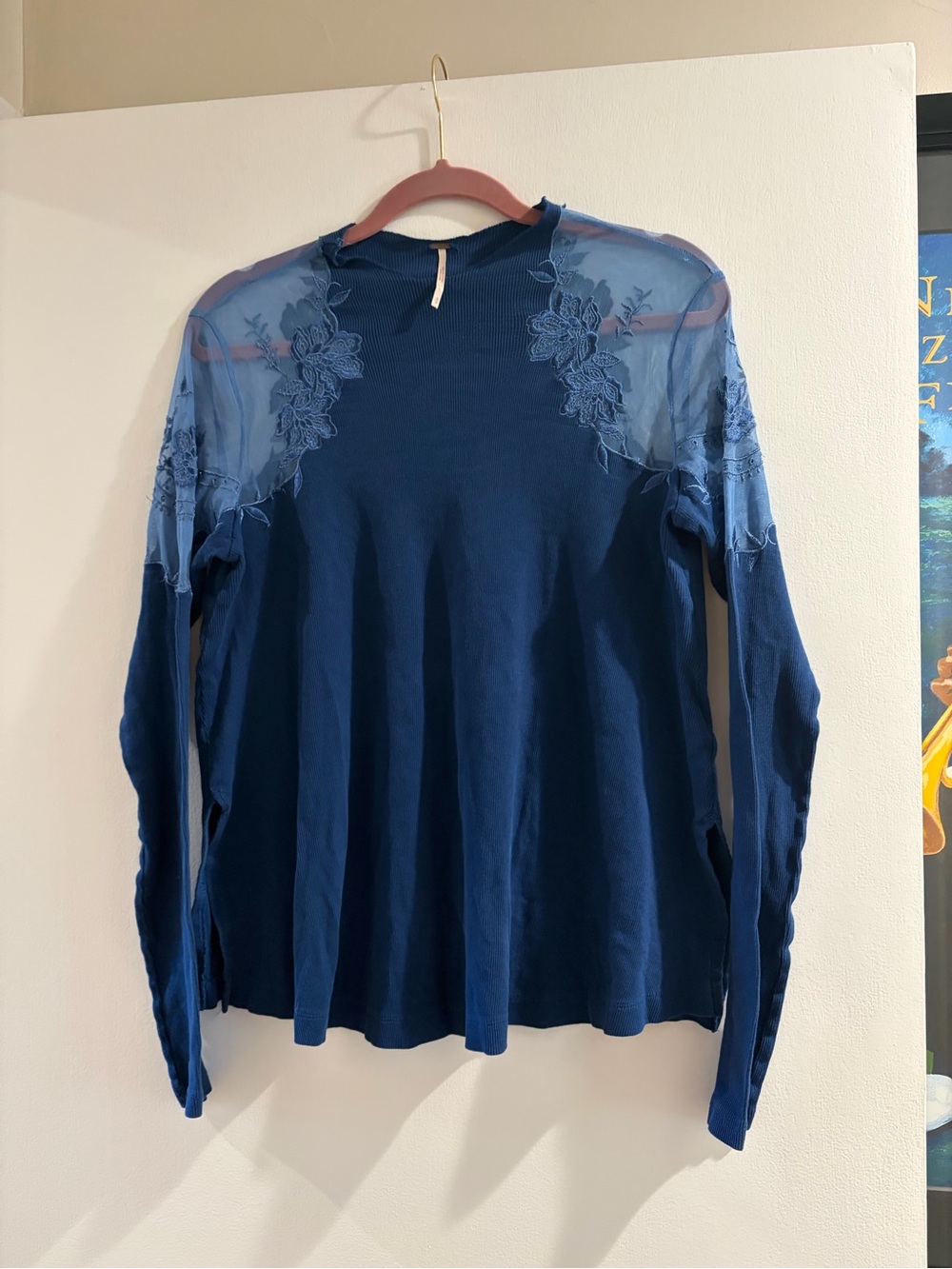 Free People Navy Blue Lace Yoke Long Sleeve Top